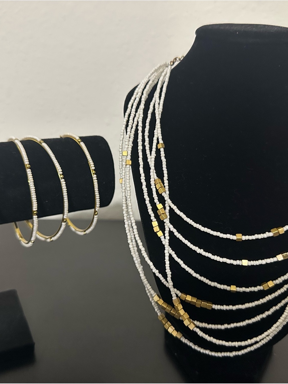 Multi-Strand White Seed Bead Necklace with Gold Accents